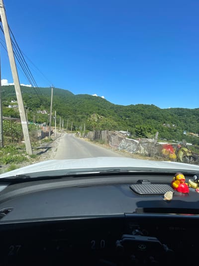 The image shows a view from inside a vehicle, looking out onto a paved road leading through a hilly, green landscape under a clear blue sky. The road is lined with vegetation, utility poles, and fences made of wood and corrugated metal. Some houses are visible on the slopes of the hills. In the foreground, on the dashboard of the vehicle, there are several decorative items, including two rubber ducks and what appears to be a billiard ball. The car's dashboard displays some digital information, including the numbers "27" and "2.0" and "FM 103.1". The location is identified as Verkhniy Yurt, Russia.