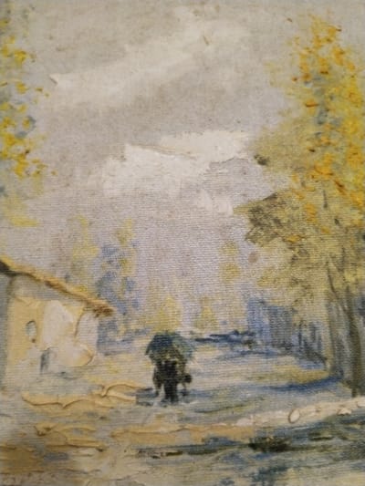 A landscape painting shows a road on a cloudy day. A dark figure walks away into the distance. A building is seen on the left. Trees with yellow foliage border the road to the right. The sky is muted gray. The painting has a textured surface, possibly canvas. Colors are muted, with yellows, blues, grays, and creams dominating.