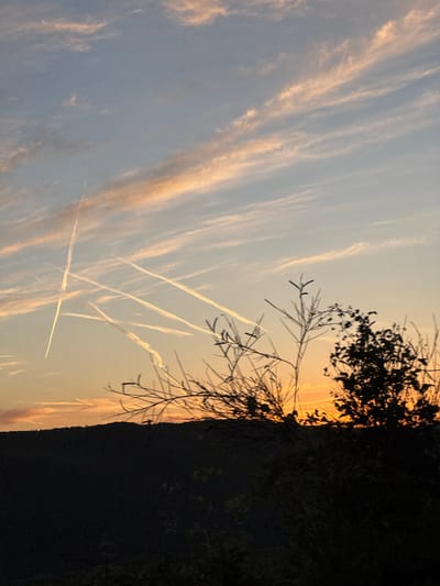 This image depicts a sunset over a hilly landscape in Podostrog, Montenegro. The sky is a blend of pale blue, soft orange, and streaks of pink from the setting sun. Several contrails from airplanes crisscross the sky, creating a striking pattern. In the foreground, silhouetted trees and branches partially obscure the view of the horizon and the dimly lit hills. The overall scene is tranquil and evocative of a peaceful evening.