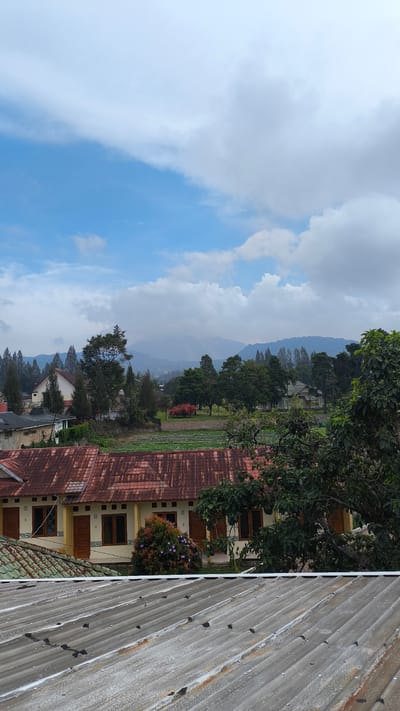 The image captures a view of a residential area in Berastagi, Indonesia, characterized by overcast skies with patches of blue. In the foreground, a weathered, gray corrugated metal roof stretches across the bottom of the frame. Behind this, a row of houses with red tile roofs is visible. These houses are predominantly yellow, with dark brown doors and windows. A cluster of flowering bushes with purple blossoms is situated between two of the houses. Further in the background, a cultivated field with red foliage is bordered by a low fence. Beyond the field, a line of coniferous trees and deciduous trees stands against a backdrop of misty mountains. The overall impression is of a tranquil, somewhat rural setting within the town.