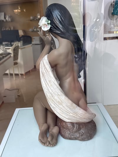This media file shows a close-up of a statue of a woman, likely a figurine, positioned in a display case. The statue is predominantly tan and brown in color, with long, dark hair that is styled back. A white flower is placed near the figure's head. The woman is draped in a textured, light-colored cloth, which wraps around her body. Her legs are bent and her feet are visible. The statue appears to be made of porcelain or a similar material.

The statue is placed on a white surface, possibly a shelf or table, within what seems to be a shop or exhibition space. Reflections of the surroundings are visible on the surface of the display case, indicating it is likely made of glass. Through the reflections and the partially visible background, it appears to be an indoor setting with furniture and possibly other display items. The lighting suggests it is daytime, but no specific time can be determined. The scene is static, with the statue being the sole subject of focus. No text is visible in the media file.

The location context provided is Karlovy Vary, Czechia. While this context is given, there are no specific visual cues within the image that definitively place it in Karlovy Vary. The image itself focuses solely on the statue and its immediate display environment.