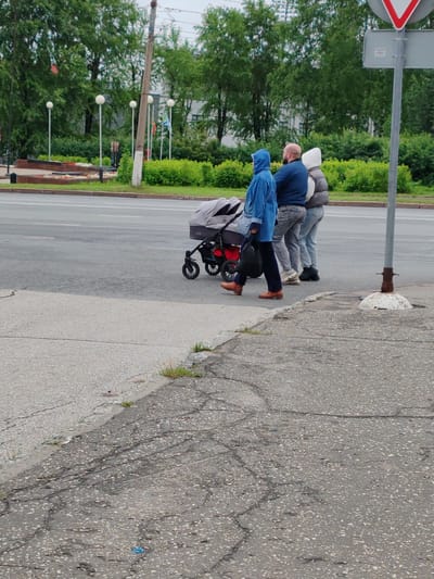 Three people, one pushing a stroller, are walking across a street in Syktyvkar, Russia. The person in front, wearing a blue hooded jacket and brown shoes, pushes a gray stroller with a red frame. Behind them, a man in a blue jacket and jeans walks alongside a person wearing a white hood and a gray puffer vest over a blue jacket. They are all walking on a paved road with a concrete sidewalk on the left. The scene is set on a cloudy day, with lush green trees and bushes lining the background, and some flags are visible on poles to the left. A traffic sign with a red triangle is visible on a pole to the right. The overall mood appears neutral, with no strong emotional cues evident. The road has visible cracks and wear. There is no visible text in the image.