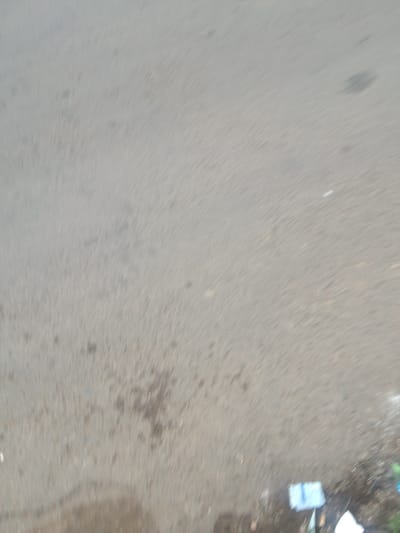 The image displays a close-up, blurred view of an asphalt surface, likely a road or sidewalk. The texture of the asphalt is visible, with a predominantly gray color. There are several dark, irregular patches on the surface, possibly indicating stains or wet areas. Towards the bottom right of the image, a few scattered objects are partially visible, including a light blue item that appears to be a piece of paper or plastic, and a white crumpled object, possibly trash. The overall scene suggests an outdoor environment in an urban or semi-urban setting. The motion blur indicates the photograph was taken while in motion.