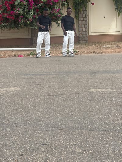 The scene, located in Birnin Kebbi, Nigeria, depicts two males standing on asphalt pavement in front of a building during daylight hours. Both individuals wear matching black short-sleeved t-shirts, white baggy trousers, black belts with metallic buckles and attached chains, and chunky multi-colored sneakers. The male on the right stands upright, wearing sunglasses and a gold-colored bracelet on his right wrist. The male on the left is bent slightly forward at the waist, with both hands raised and open, palms facing forward. Behind them, a light-colored building features a textured stone base, a horizontal white pipe, and cream-colored walls with recessed panels. A large bougainvillea bush with vibrant pink/purple flowers and green foliage grows against the building. The ground immediately behind the men is dry earth with sparse vegetation. The foreground consists of dark gray asphalt pavement exhibiting minor surface cracks.