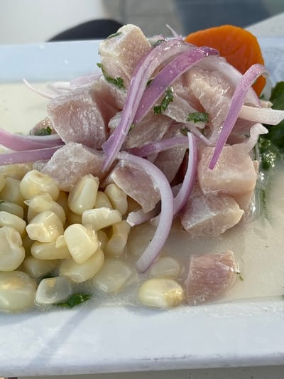A close-up, overhead shot captures a dish of ceviche, a Peruvian delicacy, served in a white rectangular bowl. The ceviche is composed of cubed white fish, thinly sliced red onions, and kernels of white corn, all bathed in a creamy white sauce, likely leche de tigre, a citrus-based marinade. A slice of orange carrot is visible in the background. The dish appears fresh and is garnished with chopped green herbs, possibly cilantro. The setting suggests a casual dining establishment in Chorrillos, Peru, a district known for its seafood restaurants along the coast. The lighting is bright, highlighting the textures and vibrant colors of the ingredients.