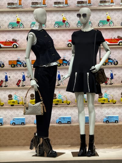 The image displays a retail display featuring two mannequins dressed in Louis Vuitton clothing and accessories. The mannequins are positioned in front of a wall decorated with the Louis Vuitton monogram pattern. The display includes shelves filled with miniature Louis Vuitton-themed vehicles and luggage. The mannequin on the left is wearing a denim vest over a white ruffled top and dark trousers, accessorized with a beige Louis Vuitton handbag and heeled boots. The mannequin on the right is wearing a black dress, sunglasses, and black patent leather boots, with a brown Louis Vuitton monogrammed bag. The background suggests a commercial setting, likely a Louis Vuitton store, potentially located in Nong Prue Subdistrict, Thailand, given the prompt's contextual information. The lighting is even, and the focus is sharp on the mannequins and the displayed merchandise.