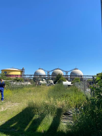 The image depicts an industrial area in Police, Poland, under a clear blue sky. In the foreground, tall green grass and vegetation dominate, with a man in blue overalls walking away from the camera on the left side of the frame. His back is to the viewer, and he is walking on a dirt path. The middle ground features a large, yellow cylindrical storage tank with red accents, identified by signage as "POLICE SA". Behind this tank are three large, spherical, light-colored storage vessels, connected by elevated walkways and piping. Various industrial structures and some discarded materials, including what appear to be large, white, dome-shaped objects, are scattered around the base of the spherical tanks. A chain-link fence runs along the right side of the image, partially obscured by dense green foliage. The overall scene suggests an active or formerly active industrial facility with overgrown vegetation indicating a degree of disuse or neglect in certain areas.
