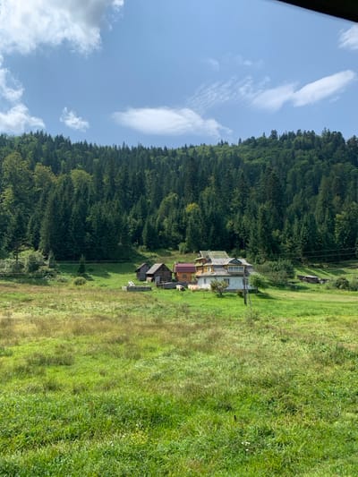 The image depicts a rural landscape in Tatariv, Ukraine, under a clear sky with scattered white clouds. The foreground consists of an expansive, undulating green and brown grassy field, appearing mostly uncultivated. In the midground, a cluster of residential and ancillary structures is situated on a slightly elevated patch of greener grass. From left to right, these include two small, weathered wooden outbuildings or sheds with dark roofs, followed by a small, orange-walled building with a reddish roof, and then a larger, multi-story house with white walls, green trim, and a greyish-green roof. A single wooden utility pole with overhead lines is visible near the front right of the white house. Further to the right, behind the main house, are what appear to be stacked timber or another set of smaller structures. The background is dominated by a dense, dark green coniferous forest covering a rolling hillside or mountain, extending across the entire upper width of the scene. No individuals, animals, or active interactions are visible.