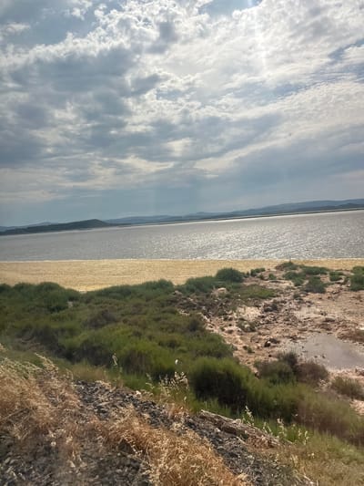 This media file depicts a landscape scene with a body of water, a shoreline, and a cloudy sky. The image is oriented vertically, with the sky occupying the left half and the water and land on the right.
The sky is filled with a mix of white and gray clouds, suggesting overcast or partly cloudy weather. Sunlight is visible, breaking through the clouds on the far left.
The middle section of the image shows a wide expanse of water, which appears to be a calm sea or a large lake. The water surface is reflective, with ripples indicating a gentle breeze. A faint, dark line in the distance suggests a distant shoreline or mountain range.
The right side of the image transitions to a sandy or dusty shoreline, with patches of dry vegetation and some scrubby green bushes. The terrain appears somewhat rugged and arid. There is a small, dark object on the shoreline that might be a bird or a small animal.
The overall impression is one of a natural, somewhat desolate landscape, possibly a coastal area. The lighting suggests it could be daytime, perhaps late morning or early afternoon, given the brightness of the sun. There are no people or man-made objects clearly visible, making it a scene focused on the natural elements. The presence of sparse vegetation indicates a potentially dry or Mediterranean climate. The image does not contain any visible text.