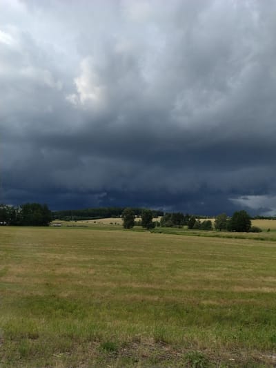 This image captures a dramatic sky over a rural landscape. In the foreground, a large, green field of grass stretches out, with some dry, golden patches. The middle ground features a line of trees and a gently rolling field, possibly a meadow or another agricultural area. In the distance, a dark, ominous storm cloud dominates the sky, with lighter clouds interspersed above it. The overall atmosphere is one of an impending storm. The location is specified as Dušejov, Czechia, indicating a rural setting within the Czech Republic. No people, actions, or specific interactions are visible in the image.