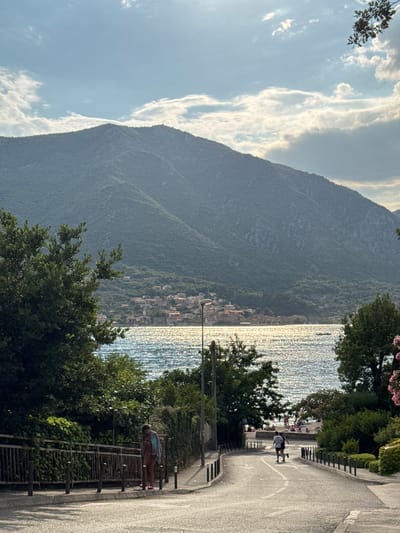 In the city of Dobrota, Montenegro, a road curves downhill towards a shimmering body of water, likely the Bay of Kotor. The water's surface reflects the bright sky, creating a dazzling effect. In the distance, a town with red-tiled roofs is nestled along the shoreline, backed by a lush, green mountain that dominates the background. On the left side of the road, a woman stands near a metal fence bordering a verdant area. Two figures are visible further down the road, running or jogging away from the camera. The scene is bathed in the warm light of the sun, casting shadows on the road and highlighting the textures of the vegetation.