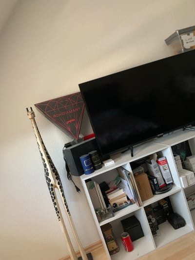A wooden giraffe figurine stands on the floor next to a white shelving unit filled with various items. The shelving unit holds a black television, boxes, books, and decorative cylinders. A red and black triangular box with the text "ROHDIMANT" is also visible. The scene appears to be indoors, possibly a living room or office. The image does not provide enough information to determine the specific location within Worms, Germany.