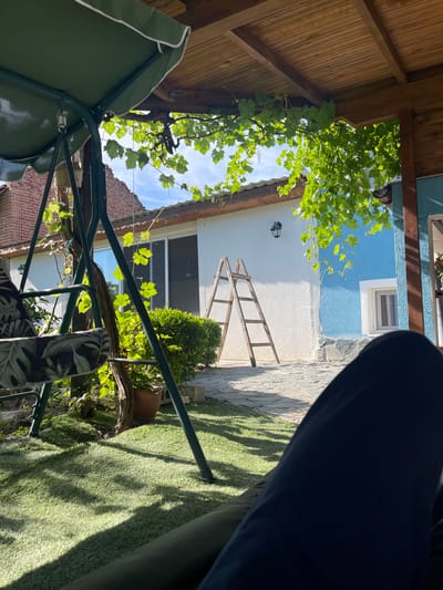 In the city of Totleben, Bulgaria, a close-up shot captures a leisurely scene from the perspective of someone relaxing on a swing. The swing, draped with a green canopy, is positioned on a vibrant green lawn. In the background, a white and blue house stands under a wooden pergola adorned with lush green grapevines. A wooden ladder leans against the house, suggesting ongoing or recent work. The overall ambiance is one of a peaceful, sunny day in a garden setting.