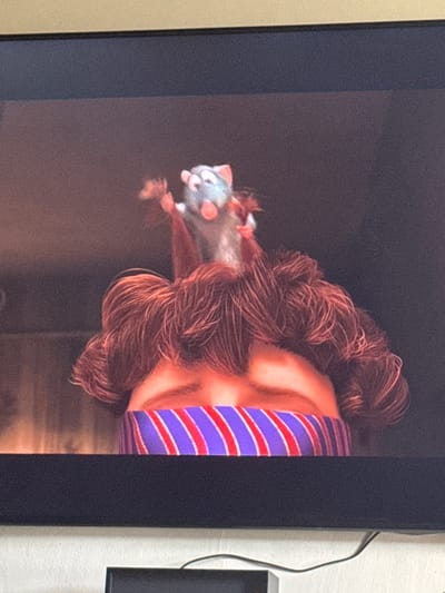 A television screen displays an image of the character Remy from the animated movie "Ratatouille," clinging to the hair of a person wearing a purple and red striped garment. The screen is framed by a black border, and the surrounding environment appears to be indoors, with a wall and electronic equipment visible. No identifiable landmarks connect the image to Desborough, United Kingdom.