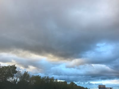 The image depicts a dramatic sky filled with a mixture of dark, heavy clouds and brighter patches of blue and yellowish light, suggesting an approaching storm or the aftermath of one. The time of day appears to be late afternoon or early evening, given the soft, diffused lighting. The scene is set outdoors, with the lower portion of the frame showing a dense line of trees and foliage. In the far right of the image, a small portion of what appears to be a vehicle with a roof rack and a sign is visible. The sign has some text on it, but it is too small and blurry to be read. The overall mood conveyed is somewhat somber and atmospheric, with the dynamic sky dominating the composition. The location is identified as Aleksandrovka, Russia.