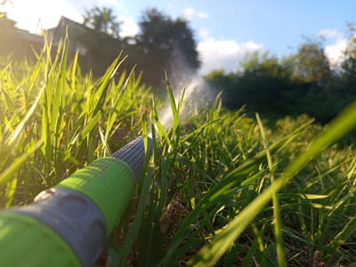 The image depicts a close-up view of green grass, with a portion of a green and gray garden hose nozzle in the lower left corner. A fine mist of water is spraying from the nozzle, creating a visible spray in the air. The background is blurred, showing trees, a building, and a blue sky with some clouds, illuminated by the setting sun which casts a warm glow on the scene. The overall impression is a serene outdoor environment, possibly a garden or yard, during a watering session. The specific location is in the city of Vilshany, Ukraine.