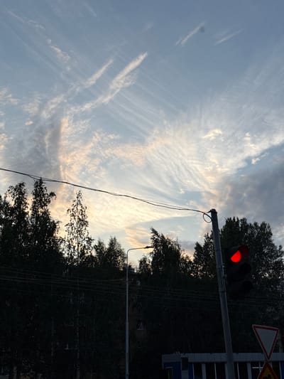 The image shows a traffic light with a red light illuminated, situated on a pole against a backdrop of trees and a cloudy sky. The scene is located in Surgut, Russia, as indicated by the presence of birch trees and the overall aesthetic typical of the region. The sky is a blend of blue and white, with wispy clouds suggesting either dawn or dusk. A power line stretches horizontally across the frame, above the trees. In the foreground, a triangular road sign is visible, partially obscured by the traffic light pole. The overall impression is one of an urban setting during a transitionary period of the day.