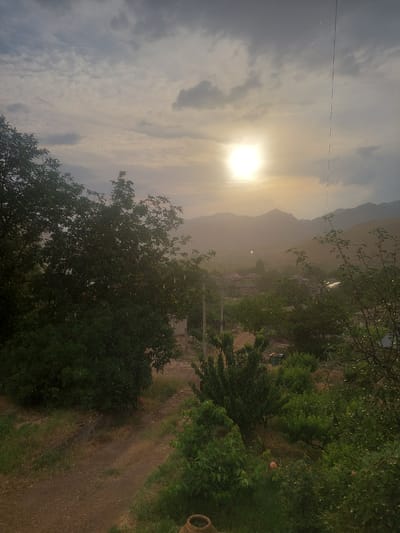 The image depicts a landscape scene, possibly in the vicinity of Areni, Armenia, during a time of light rainfall and hazy sunlight. In the foreground, there are large, leafy trees on the left and right sides of the frame, with a dirt path running through the middle. Scattered green vegetation and some pink roses are visible in the lower portion of the image.

The midground reveals a village or settlement with houses and more trees. Beyond that, rolling hills or mountains form the background, partially obscured by the atmospheric conditions. The sun is visible in the upper center of the frame, appearing as a bright, diffused disc through the clouds and haze. The presence of numerous small, white dots throughout the image indicates falling rain. No people are visible in the scene. The overall impression is a rural, somewhat overcast, and tranquil environment experiencing a gentle shower.