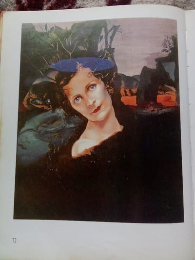 This media file contains an image of a painting. The painting features a portrait of a young woman with bright blue eyes and red lipstick, looking slightly to the side. She has curly brown hair and wears a blue headpiece adorned with what appears to be gold or metallic threads and small red flowers. Her gaze is direct and captivating, conveying a sense of wistfulness or contemplation. She is dressed in a dark garment that covers her shoulders and chest.

Behind the woman, the background is a surreal and dreamlike landscape. To the left, there is a shadowy, amorphous figure or creature with glowing blue eyes, partially obscured by a greenish, textured mass. The middle ground depicts a dark, rocky terrain with sparse, silhouetted trees against a sky that transitions from a dusky purple to a fiery orange near the horizon. The overall atmosphere is mysterious and somewhat unsettling, perhaps suggesting a psychological or symbolic representation rather than a literal scene. The painting style is detailed and somewhat ethereal, with a play of light and shadow that enhances the dramatic mood.

The image appears to be a photograph of a page in a book, as indicated by the white border and the number "72" printed at the bottom left corner. The textured surface of a carpet or fabric is visible at the top of the image, suggesting it is a printed reproduction. No specific time of day or weather conditions are explicitly depicted, but the lighting and colors create a twilight or dreamlike ambiance. The location context of Zhmerynka, Ukraine, is provided externally and is not visually evident within the painting itself.