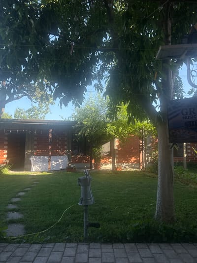 The image depicts a backyard scene on a sunny day, likely in the city of Parvomay, Bulgaria. In the foreground, a paved walkway made of grey rectangular stones leads into a lush green lawn. A vintage grey manual water pump stands on the lawn, with a yellow hose attached. A path of irregularly shaped stepping stones winds across the grass towards a brick building. This building features red brick walls and a slightly unfinished look with exposed concrete supports. White sheeting covers a section of the building's exterior, and potted plants are visible near its base. Overhanging the scene is the dense green foliage of a tree, with strings of small light bulbs and a clothes peg visible within its branches. A tree trunk on the right side of the image has a sign attached to it, which appears to advertise "Greek Music." The background is filled with more greenery and a clear blue sky. No people are visible in the image, and no actions or interactions are taking place. The overall impression is that of a well-maintained, outdoor residential or recreational space.