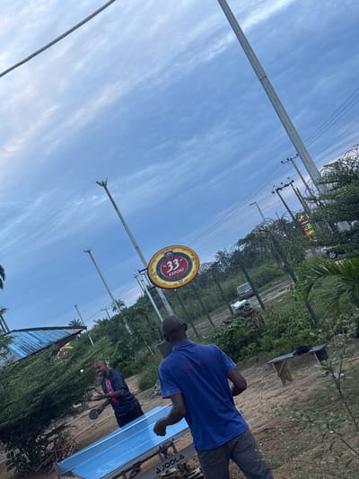 Two men are playing table tennis outdoors in Omoecheigbo, Nigeria. One man is wearing a blue shirt and grey pants, and standing near the end of the table. The other man is wearing a dark shirt with red trim and black shorts, is in active stance, and holds a paddle. A ping pong ball is visible in front of him. The table tennis table is light blue. A "33 Export" beer sign is on a metal pole above and to the left of the table. Power lines and poles stretch across the sky. There is green vegetation alongside the table and in the background. A small covered area is adjacent to the table.