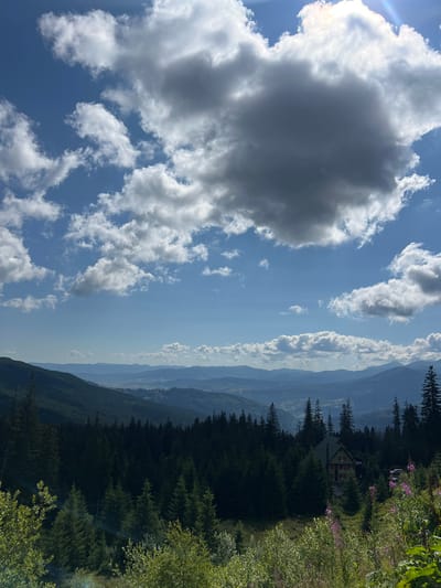 This is a photograph taken from a high vantage point overlooking a mountainous landscape in Chorna Tysa, Ukraine. The sky is a bright blue with dramatic, white and gray cumulus clouds. In the foreground, lush green trees and vegetation, some with small pink flowers, dominate the view. Further back, a dense forest of dark green coniferous trees stretches across the slopes. Nestled within the trees, a yellow and red building, possibly a lodge or guesthouse, is visible, with cars parked nearby. The background features rolling hills and mountains fading into a hazy, bluish distance. The scene depicts a serene, natural environment under a partly cloudy sky.