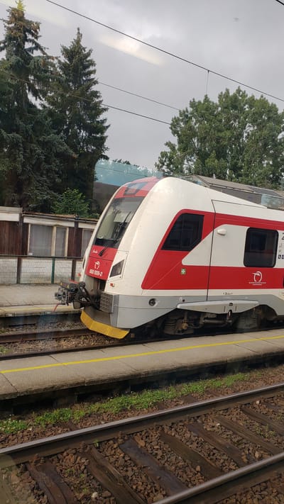 This is a photograph taken from a train window, showing a red and white passenger train at a station in Liptovský Mikuláš, Slovakia. The train, identified by the number "660 009-2", is stationary on the tracks next to a platform. Trees are visible in the background, and the sky is overcast. The train's headlights are on, and the front of the train has a distinctive aerodynamic design. The platform has a yellow safety line. The image captures a typical scene at a Slovakian train station.