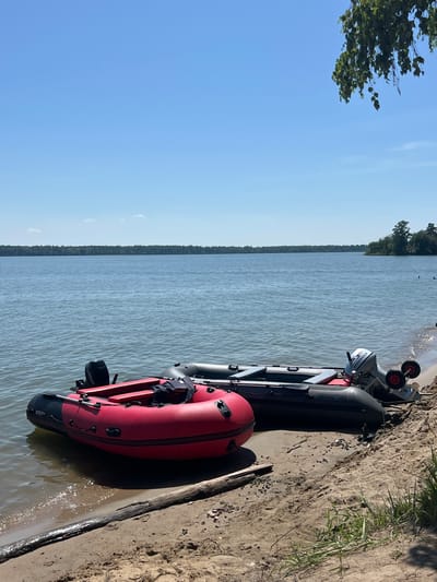 Two inflatable boats are beached on a sandy shore next to a calm body of water. The boat in the foreground is red and black with a black outboard motor. The boat behind it is grey and black, also with a black outboard motor. Both boats are partially in the water. The background shows a dense line of trees along the horizon under a clear blue sky. Some tree branches hang from the upper right corner of the image. The location appears to be a natural setting, possibly a lake or riverbank, with no urban structures visible.