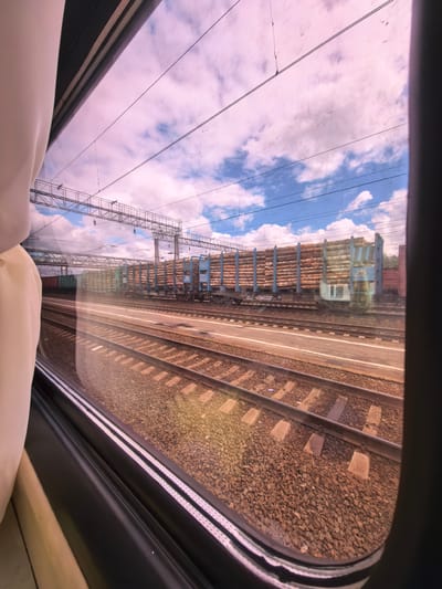 View from a train window in Danilov, Russia. A freight train carrying logs sits on parallel tracks. Overhead power lines stretch across the sky with scattered clouds. The foreground shows the train window frame and part of the interior.