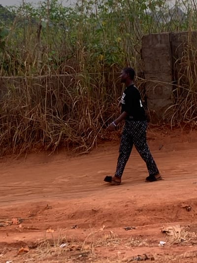 A person is standing on a dirt road. They are wearing a black shirt and patterned pants. They appear to be on the side of a road or path.  On the left is a cluster of dry grasses, with what appears to be a concrete block or structure behind them. The road stretches out to the right, with more dry vegetation visible in the distance. The overall color palette is dominated by earth tones.