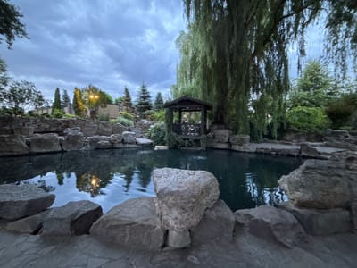 In the city of Staraya Stanitsa, Russia, a serene landscape scene unfolds with a central dark pond surrounded by large, rough-hewn stones. The pond reflects the twilight sky, which is a dramatic blend of deep blues and grays, with scattered white clouds.
Dominating the right side of the frame is a mature weeping willow tree, its long, cascading branches hanging low over the water and a small, dark wooden gazebo. The gazebo, with its latticed sides and peaked roof, sits on a slightly elevated area near the pond's edge, partially obscured by lush green foliage.
The background reveals a stone wall and manicured trees, including several tall, conical evergreens and deciduous trees with vibrant green leaves. A warm, artificial light emanates from a fixture amongst the trees in the mid-ground, its glow subtly reflected in the water. The foreground is paved with flat, irregular stones, creating a textured walkway that leads the eye towards the pond and the tranquil setting beyond. The overall atmosphere is one of quiet, natural beauty, enhanced by the approaching dusk.