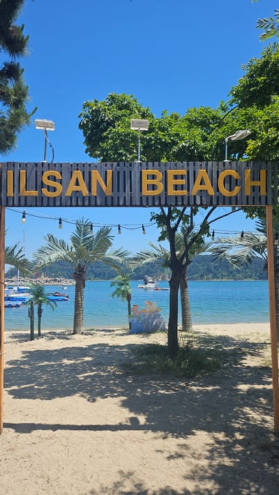 The image shows a view through a wooden sign reading "ILSAN BEACH" in yellow letters. The scene is oriented so that the sign is on the left and the beach stretches out to the right. In the background is blue water and a coastline with trees. Several palm trees are visible through the sign's opening, as well as strings of lights. The foreground is a sandy beach, partially covered in shadows from the trees. There is a painted sign depicting cartoon characters near the beach.