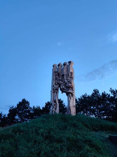 A monumental sculpture, possibly a war memorial, stands atop a grassy hill. The sculpture is made of stone or concrete and features abstract figures and scenes carved into its surface. The sky above is a deep blue, indicating either early morning or late evening. A line of dark green pine trees forms a backdrop behind the hill. Scattered among the grass on the hill are small red flowers, likely poppies. The scene is set in a natural outdoor environment, likely within the territory of Зуйское сельское поселение, Ukraine. There are no people visible in the image, and no specific actions or interactions are depicted. The focus is on the imposing sculpture and its surrounding landscape.