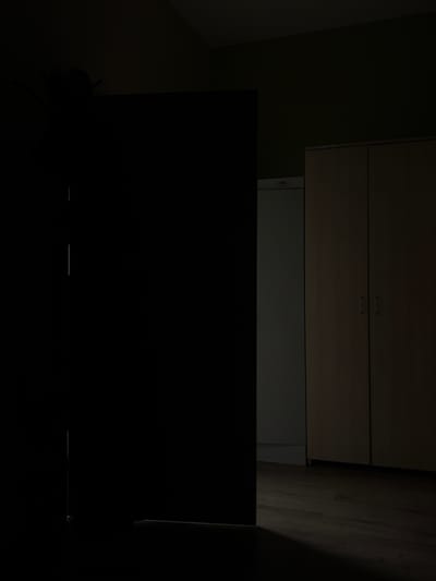 The image depicts an indoor scene, likely a room, characterized by low lighting. A large, dark, rectangular object, possibly a door or a panel, occupies the left side of the frame, casting a significant shadow. To the right of this object, a sliver of a white appliance, possibly a refrigerator or a washing machine, is visible. Adjacent to the appliance are two tall, light-colored cabinets or wardrobes, each with a single handle. The floor appears to be wooden planks. The overall impression is of a dimly lit interior space.

Regarding the location in the city of Aldan, Russia, there are no visual cues within the image that can be used to identify this specific location. The scene is generic and could be found in many residential or commercial interiors.