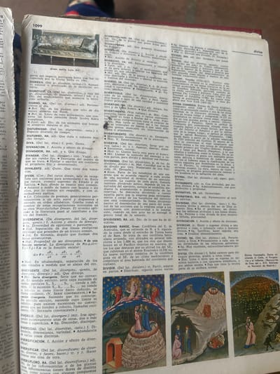 The image is a close-up of an open book, displaying a dictionary or encyclopedia with a red cover. The pages are filled with dense text in Spanish, accompanied by several small, detailed illustrations.
The main subject of the page is the entry for "divisa" and related words, with definitions and etymological information. The text discusses various meanings of "divisa" including a visual sign, a motto, and a stripe on a flag.
The illustrations depict scenes that seem to be related to the entries. One prominent image is a vibrant, colorful painting of figures in what appears to be a celestial or divine setting, with a starry sky and an angelic presence. Another smaller illustration shows a detailed engraving of an ornate couch or sofa, likely associated with an entry about historical furniture styles or interior design. A third, smaller image shows a figure dressed in what looks like historical or religious attire, possibly representing a scene from a literary work, perhaps the "Divina Comedia" as suggested by the caption.
Visible text includes the page number "1099" on the left side and headings like "divisa" at the top right and "diván estilo Luis XVI" below the couch illustration. There is also a caption under the largest illustration: "Divina Comedia. Dante vi- sitando el Cielo, el Purgato- rio y el Infierno. (Manuscrito de fines del s. XIV. Bibliote- ca Nacional de Madrid.)".
The overall impression is an academic or reference work, likely a dictionary or encyclopedia, that uses illustrations to enhance its textual content. The style of the illustrations suggests a historical or artistic context.