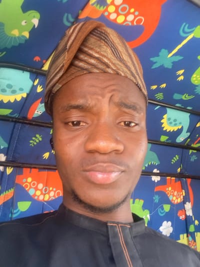 A close-up portrait shot depicts an adult male in Lapai, Nigeria, looking directly into the camera. He has dark skin, a short, neatly trimmed beard, and a neutral facial expression. The man wears a brown and beige striped woven cap and a black collared garment featuring visible orange stitching details. A black earbud is present in his left ear. The background consists of a blue fabric patterned with colorful cartoon dinosaurs and abstract shapes, consistent with the interior lining of a public transport vehicle, such as a Keke Napep. Dark horizontal structural bars are visible across the patterned background.