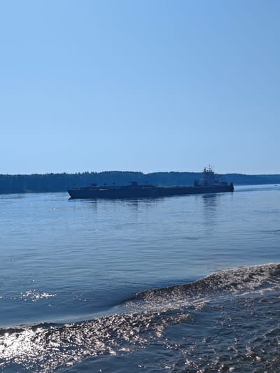 The image captures a wide, calm river under a clear blue sky. A large cargo ship is navigating the river, moving from left to right. The ship has a long, flat deck with several structures on it, including a bridge and cabins. The riverbanks are lined with a dense forest of dark green trees, suggesting a natural, unpopulated area. The water in the foreground shows some ripples and sunlight reflecting off its surface, indicating a bright, sunny day. Based on the provided information about Galanino, Russia, this scene likely depicts a section of the Volga River, which flows through or near Galanino.