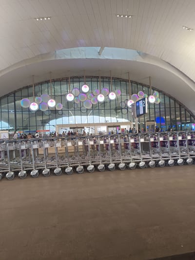 The image depicts an airport interior in what appears to be Owle, India. The scene is dominated by rows of silver-colored luggage carts arranged in lines on a brown tiled floor. Behind the carts is a glass wall, beyond which people can be seen moving toward an entrance or exit. A sign with the number 2 is also visible, indicating a gate or zone. Above, the ceiling is high and arched, featuring decorative spherical lighting fixtures. The overall impression is of a busy airport terminal.