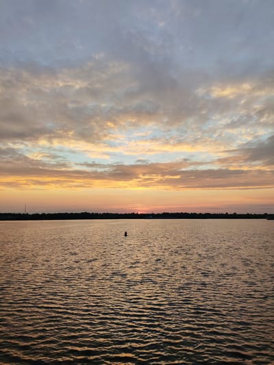 The image depicts a body of water, likely a river or lake, with a sunset sky. The water reflects the warm hues of the sky, creating a textured surface with ripples. A dark, silhouetted treeline stretches across the horizon, dividing the water from the sky. The sky is filled with scattered clouds, tinged with oranges, yellows, and blues, indicating the sun is low on the horizon or has recently set. There are a few buoys visible in the water. In the distance, along the treeline, a radio tower and possibly a boat or structure are visible. The overall scene is serene and natural, characteristic of a lakeside or riverside landscape at dusk. The location is the city of Selivanovo, Russia.