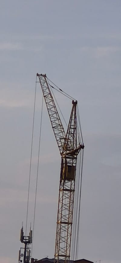 A tall construction crane is visible against a pale, overcast sky, with a portion of a telecommunications tower to the left. The crane's lattice structure is predominantly yellow and appears weathered. The main vertical mast of the crane has a cabin-like structure halfway up. The jib extends diagonally upwards and to the right, with cables running from its tip. The telecommunications tower is dark and features multiple antennas. The bottom of the image shows the edge of some buildings. The scene is set in the city of Ussurijsk, Russia. No people are visible in the image.
