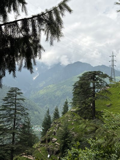 The image depicts a panoramic view of a mountainous landscape in Bahang, India, characterized by lush green hills, dense pine forests, and a distant village. The sky is overcast with heavy clouds, and a power transmission tower stands tall on the right side of the frame, with wires stretching across the sky. In the foreground, pine trees dominate the scene, their branches framing the view of the valley below. A winding path leads down into the valley, where a cluster of houses with colorful roofs forms a small village. The mountains in the background are shrouded in mist, with patches of snow visible on their peaks. The overall atmosphere is serene and tranquil, highlighting the natural beauty of the region.
