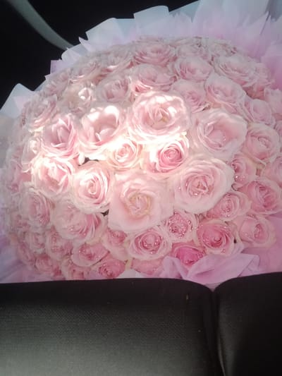 A large bouquet of pale pink roses is presented. The roses are densely packed and some have water droplets or glitter on their petals, adding a subtle sparkle. The bouquet is wrapped in layers of light pink and white tissue paper or fabric, creating a soft, ethereal appearance. The roses are illuminated by a bright light source, likely sunlight, which creates highlights and shadows, adding depth and dimension to the arrangement. The background is dark and out of focus, suggesting the bouquet is the sole subject of the image. The bottom of the image shows a dark, textured surface, possibly upholstery, indicating the bouquet is being held or placed on something. The specific location of Kosambi Barat, Indonesia, is not depicted or inferable from the visual information in the image.