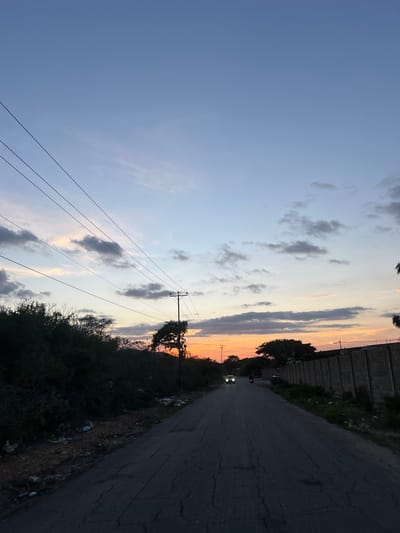 This is an outdoor, vertical, eye-level shot of a paved road leading into the distance during what appears to be dusk. The sky is a gradient of pale blue at the top, transitioning to hues of orange and pink near the horizon, with scattered clouds. Several power lines stretch across the upper left portion of the frame, supported by a utility pole. The left side of the road is lined with dense, dark green foliage, with some visible debris on the ground. On the right side, a tall, textured concrete wall runs along the road, with sparse vegetation at its base. In the distance, a white car with headlights on is traveling down the road, and a motorcycle is visible behind it. A silhouette of a tree stands out against the sunset sky. The road surface is dark and appears cracked and worn. The scene suggests a rural or semi-urban area on the outskirts of El Maco, Venezuela.