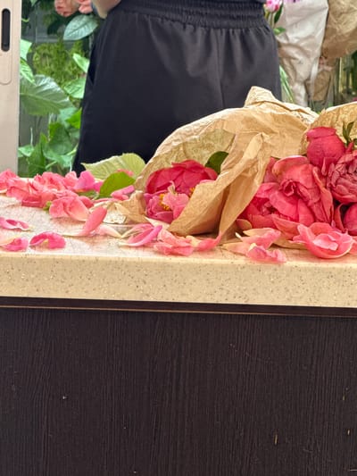 This is a vertical, close-up, eye-level photograph of a bouquet of pink peonies being arranged. The peonies are large and fully bloomed, with delicate petals in varying shades of pink. Some of the flowers are still wrapped in brown paper, suggesting they have just been delivered or are being prepared. Scattered around the flowers are fallen petals, adding to the organic and slightly messy aesthetic.

The background on the left is a person wearing black pants, partially obscuring some greenery, possibly plants in a garden or a floral display. The foreground features a light-colored countertop with a speckled texture, and to the right of that is a dark, wood-grained surface, possibly a table or cabinet. The lighting appears to be natural, coming from above and slightly to the left, casting soft shadows. There are no visible text elements in the image. The overall mood is one of domestic or professional floral arrangement, with a focus on the beauty and ephemeral nature of the flowers. The specific location of Sunzha, Russia, does not offer any directly observable cues within the image itself.