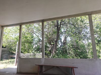 The image depicts an outdoor covered patio area with a concrete floor and ceiling supported by concrete pillars. A rough concrete wall runs along the front of the patio, and on top of it sits a wooden bench with a weathered reddish-brown top and dark wooden legs. The patio overlooks a yard with lush green trees and foliage, suggesting a rural or semi-rural setting. In the background, there is a chain-link fence and some vegetation. To the left, a portion of a simple concrete structure is visible, possibly a shed or outbuilding. The lighting suggests it is daytime, with sunlight filtering through the trees. This scene is located in the city of Areni, Armenia.