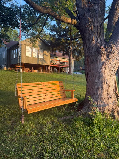 The image depicts a wooden swing hanging from a large tree. The swing is in the foreground, positioned in a grassy yard. Behind the swing, a house with a deck is visible, situated on a slightly elevated slope. The house appears to be painted a muted green color and has several windows. The tree trunk is thick and textured, with its branches extending upwards and partially obscuring the sky. The lighting suggests it is late afternoon or early evening, with warm sunlight casting shadows. The overall scene is one of a peaceful, rural setting. The location is identified as Holt, United States. There are no people or animals visible in the image.