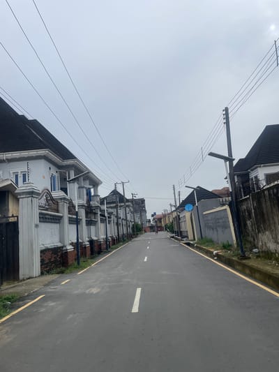 The image shows a paved street in Rumuodara, Nigeria, lined with modern residential buildings. The sky is overcast. The street has white and yellow markings. On the left side of the street, there are large, white houses with dark roofs, ornate gates, and high walls. Electricity poles with wires and streetlights are visible along both sides of the road. On the right side, more houses with dark roofs and fences can be seen. A single person is walking in the distance on the street. The overall impression is of a well-maintained residential area.