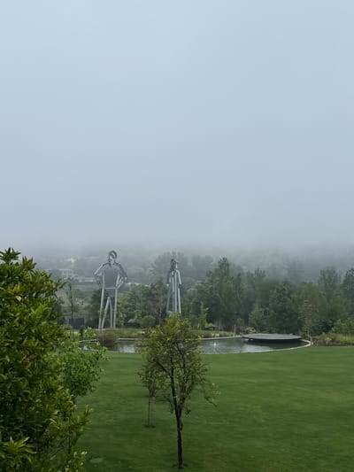 The photograph depicts a landscape in Vila Verde, Portugal, bisected by fog on the left half. On the right, green lawn extends upwards, bordered by trees. A long, narrow, dark water feature runs parallel to the lawn's edge, close to the trees. In the middle ground, two metal figure sculptures stand within a forested area partially obscured by fog. A young tree is situated in the foreground to the right, and foliage obscures the lower right corner. The overall scene is overcast and muted in color, suggesting a cloudy or foggy day.