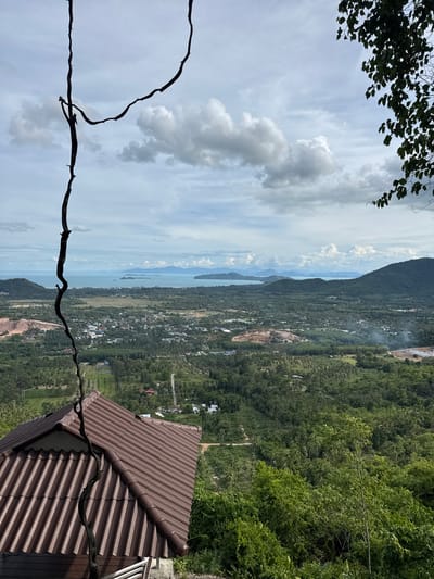 This is a high-angle, landscape photograph taken from an elevated viewpoint overlooking the city of Baan Thurian, Thailand. In the foreground, the corrugated brown tile roof of a building is visible on the left, partially obscuring the view. A dark, gnarled tree branch extends from the top left corner of the frame diagonally down across the image, with another branch extending from the top right corner.
The middle ground reveals the densely populated city of Baan Thurian, with a mix of houses and buildings interspersed with lush green vegetation. Roads wind through the urban area. Further in the background, the landscape transitions to rolling hills covered in dense green trees. Beyond the hills, a body of water, likely the sea or a large bay, stretches towards the horizon, with islands and smaller landmasses visible in the distance. The sky is overcast with scattered white and grey clouds. The overall environment appears to be a tropical or subtropical region. There are no people or animals visible in the image. The scene is static and depicts a daytime view.