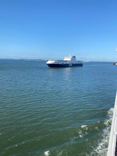 The image depicts a large blue and white ferry, identified by "DFDS" printed on its side, sailing on a calm, green body of water under a clear blue sky. The ferry is moving away from the viewer, towards the horizon where a hazy coastline with scattered islands is visible. In the foreground, the white railing of another vessel is partially visible, suggesting the photo was taken from a ship. The scene appears to be a daytime shot, likely in a coastal area. The location is not specified as Gothenburg, Sweden in the image itself.